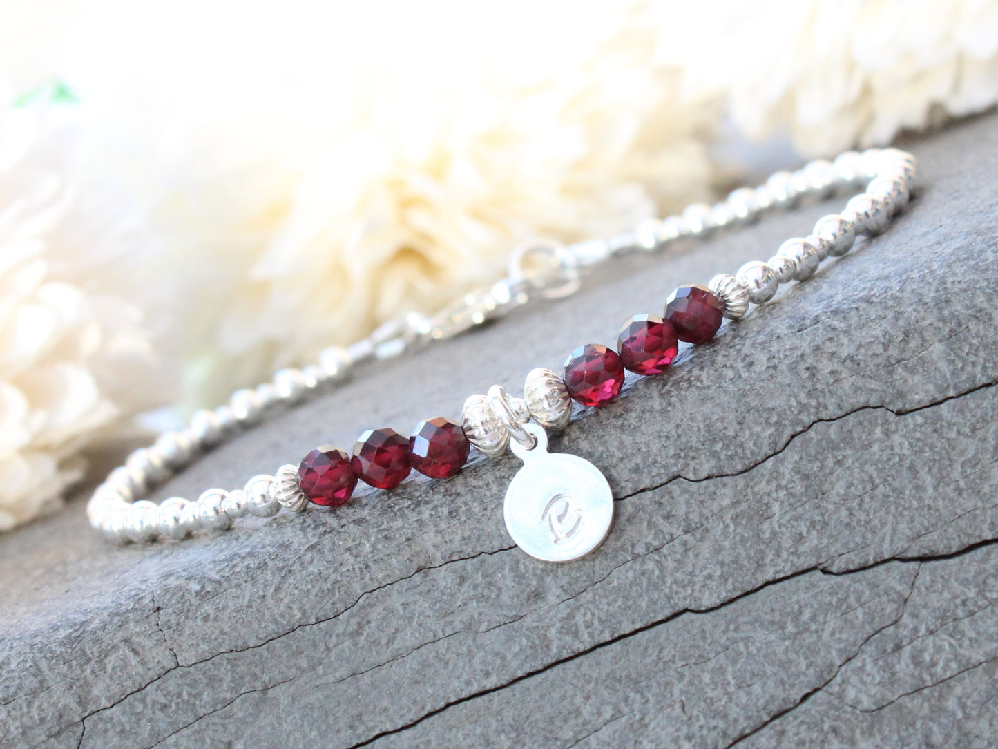 Garnet gemstone initial bracelet. January birthstone bracelet.