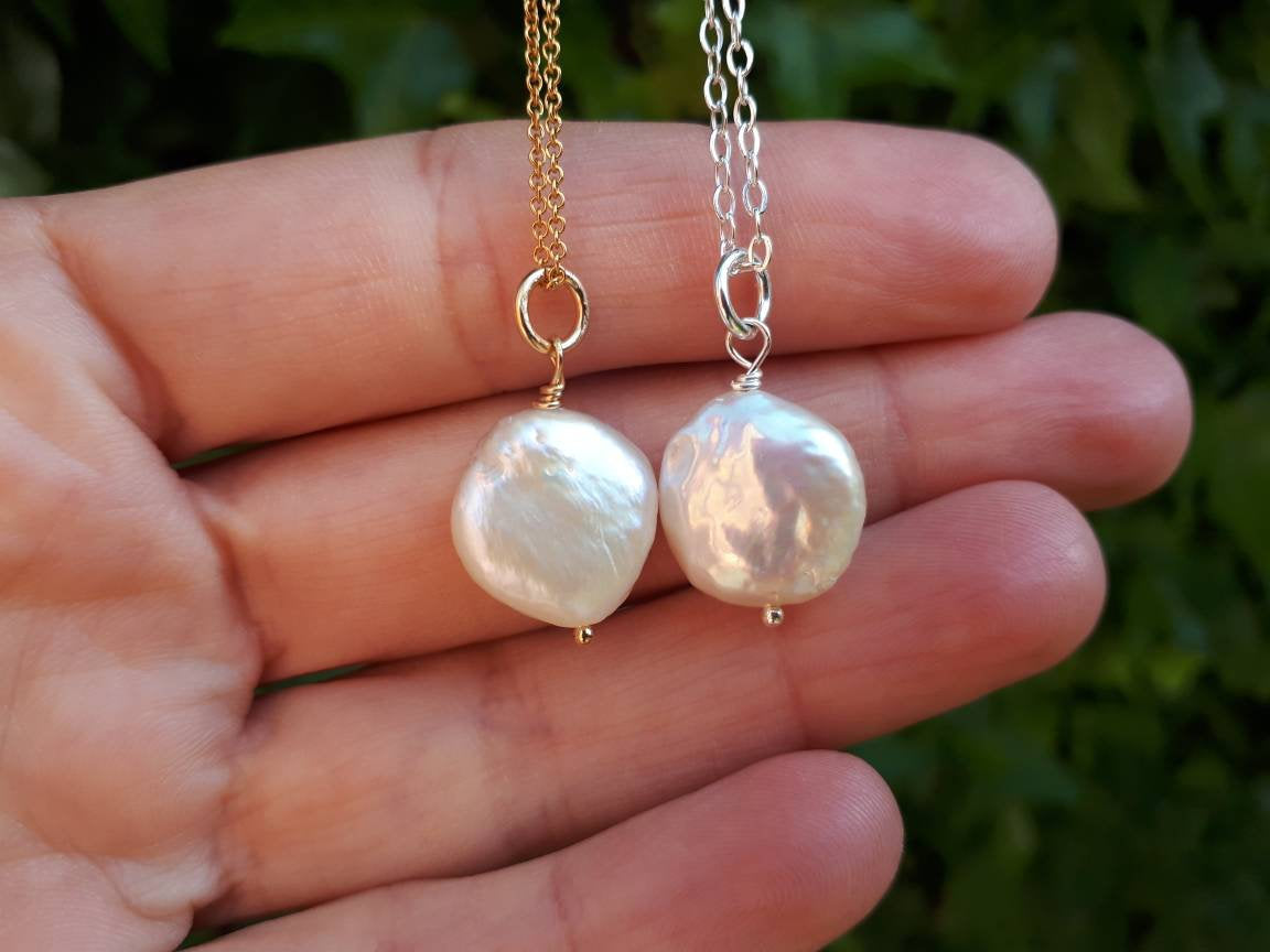Coin pearl necklace in silver or gold.